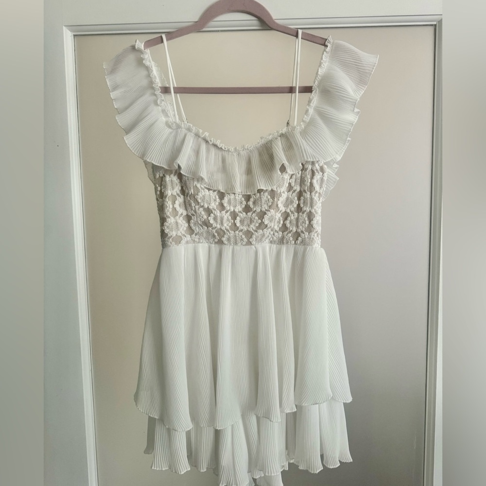 Saint and secrets off the shoulder Ruffly romper white lace